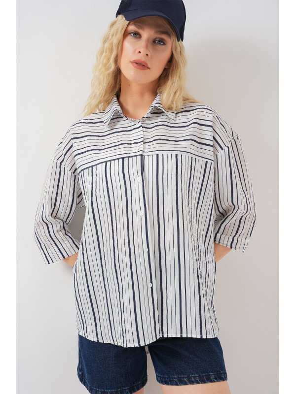 Kadın Çizgili Kısa Kol Gömlek 20344 - A.Lacivert