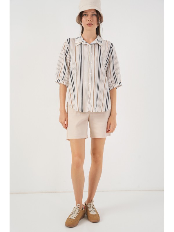 Kadın Çizgili Kısa Kol Gömlek 20345 - Bej