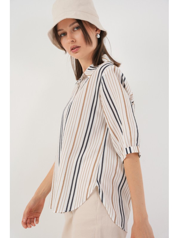 Kadın Çizgili Kısa Kol Gömlek 20345 - Bej
