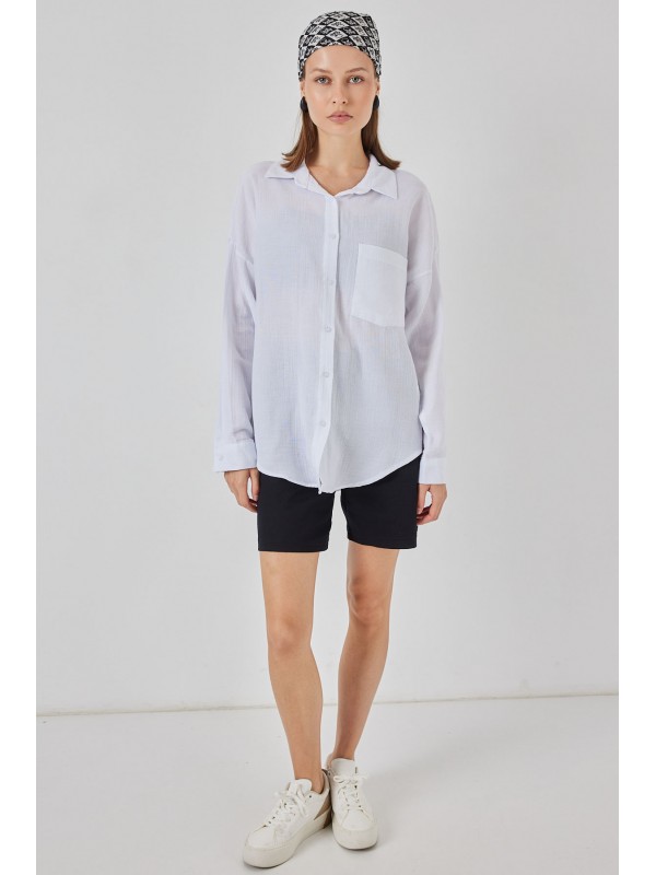 Kadın Tek Cepli Oversize Müslin Gömlek 20353 - Beyaz