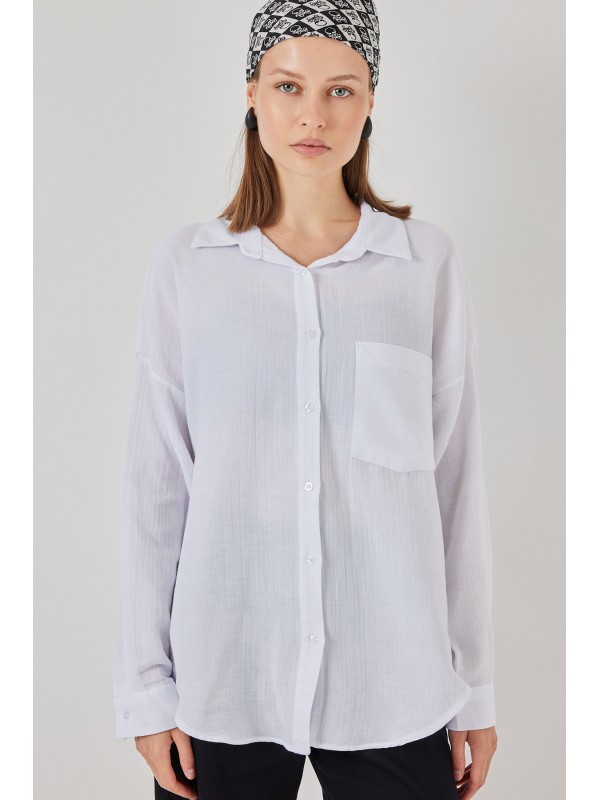 Kadın Tek Cepli Oversize Müslin Gömlek 20353 - Beyaz