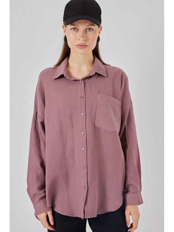 Kadın Tek Cepli Oversize Müslin Gömlek 20353 - Koyu Lila