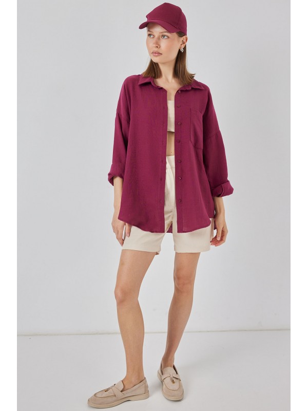 Kadın Tek Cepli Oversize Müslin Gömlek 20353 - Mürdüm
