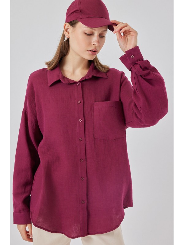 Kadın Tek Cepli Oversize Müslin Gömlek 20353 - Mürdüm