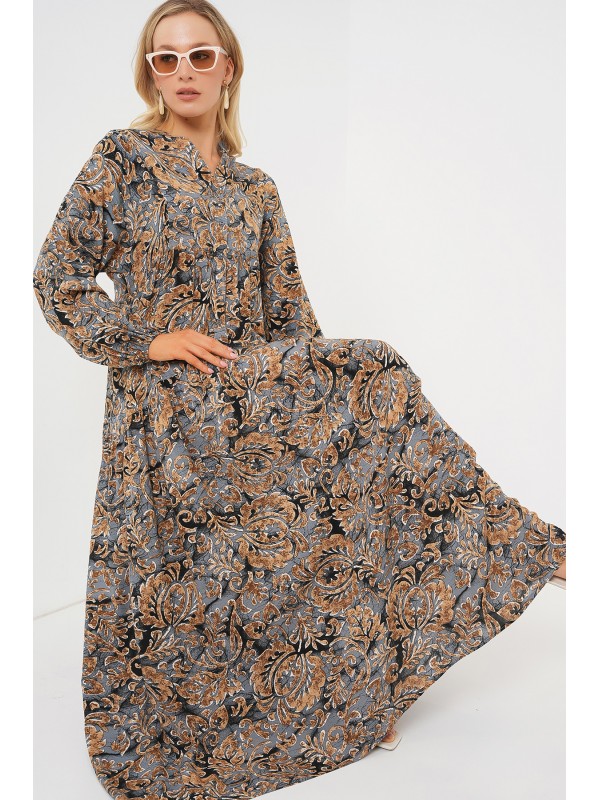 2423 Otantik Desenli Tesettür Elbise - A.Gri