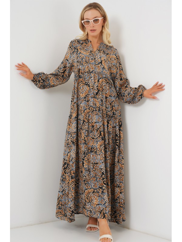 2423 Otantik Desenli Tesettür Elbise - A.Gri