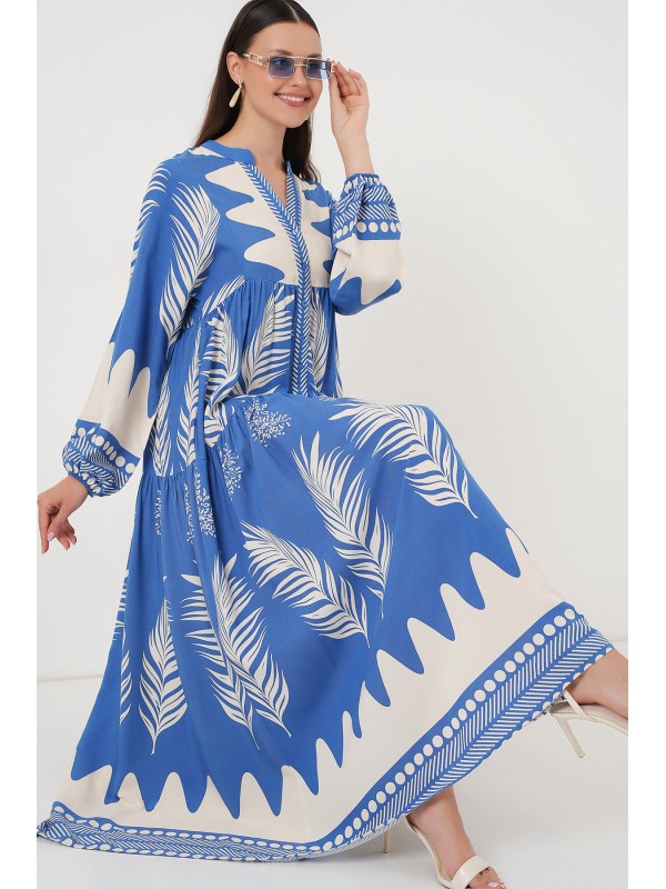 2423 Otantik Desenli Tesettür Elbise - H. İndigo