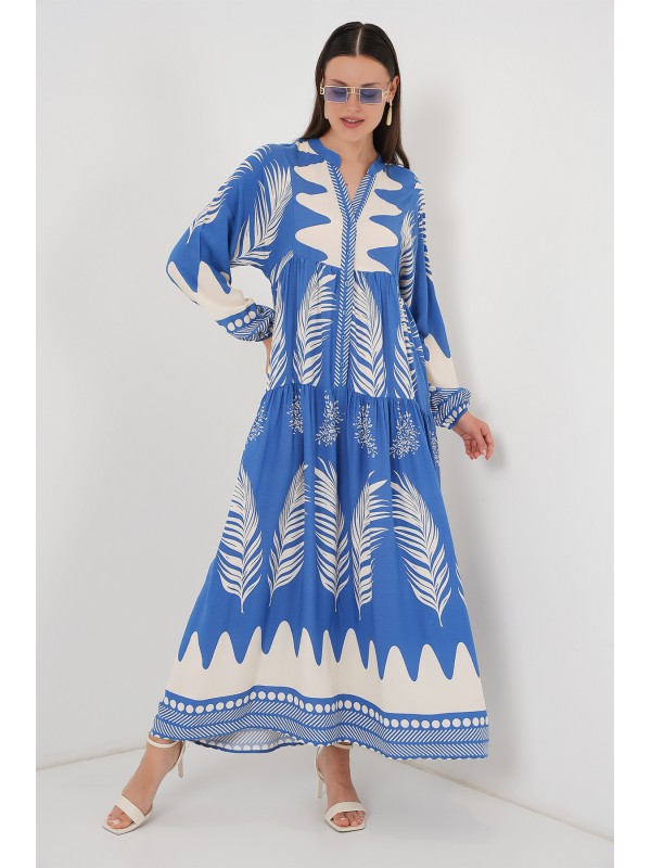 2423 Otantik Desenli Tesettür Elbise - H. İndigo
