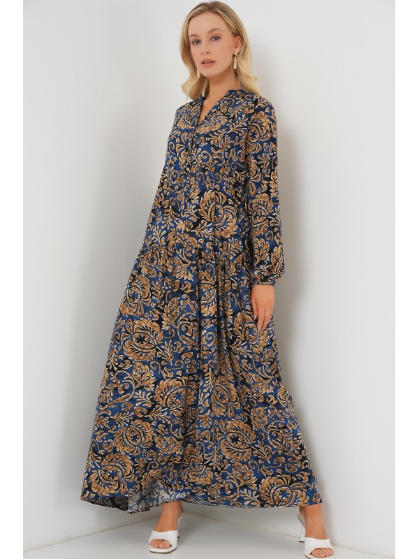 2423 Otantik Desenli Tesettür Elbise - Lacivert 11