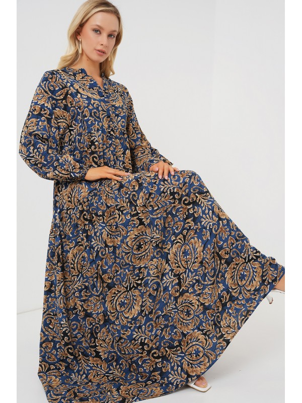2423 Otantik Desenli Tesettür Elbise - Lacivert 11