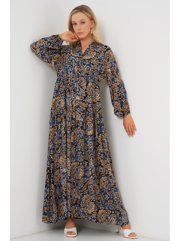 2423 Otantik Desenli Tesettür Elbise - Lacivert 11