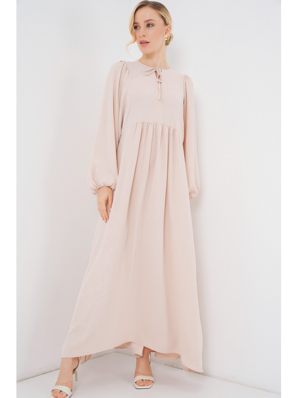 Kadın Balon Kol Uzun Tesettür Elbise 2464 - Krem