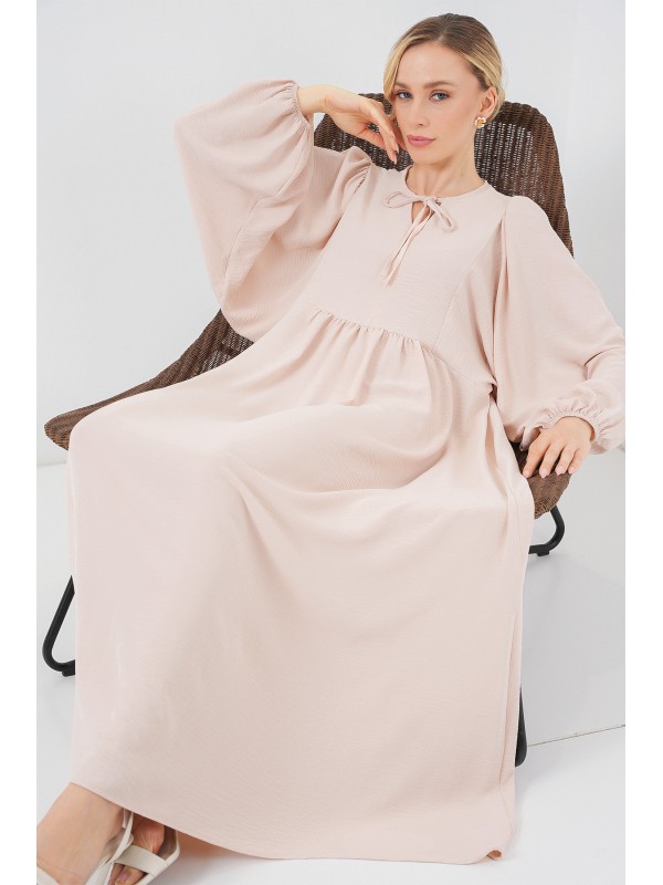 Kadın Balon Kol Uzun Tesettür Elbise 2464 - Krem