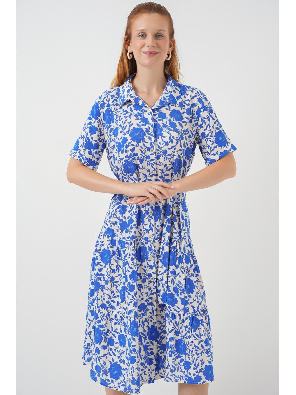 Kadın Kısa Kol Desenli Elbise 2560 - Saks