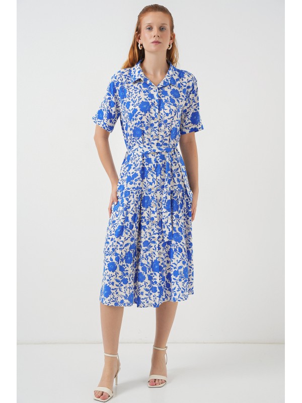 Kadın Kısa Kol Desenli Elbise 2560 - Saks