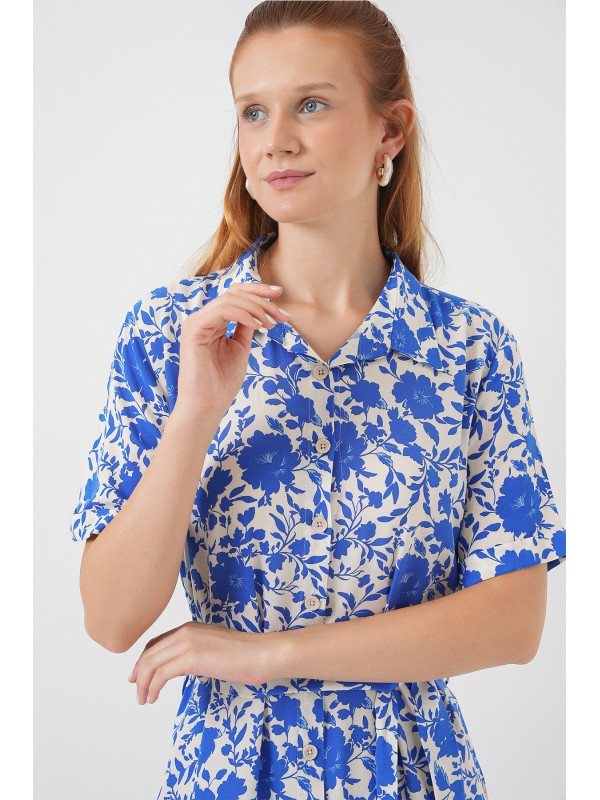 Kadın Kısa Kol Desenli Elbise 2560 - Saks