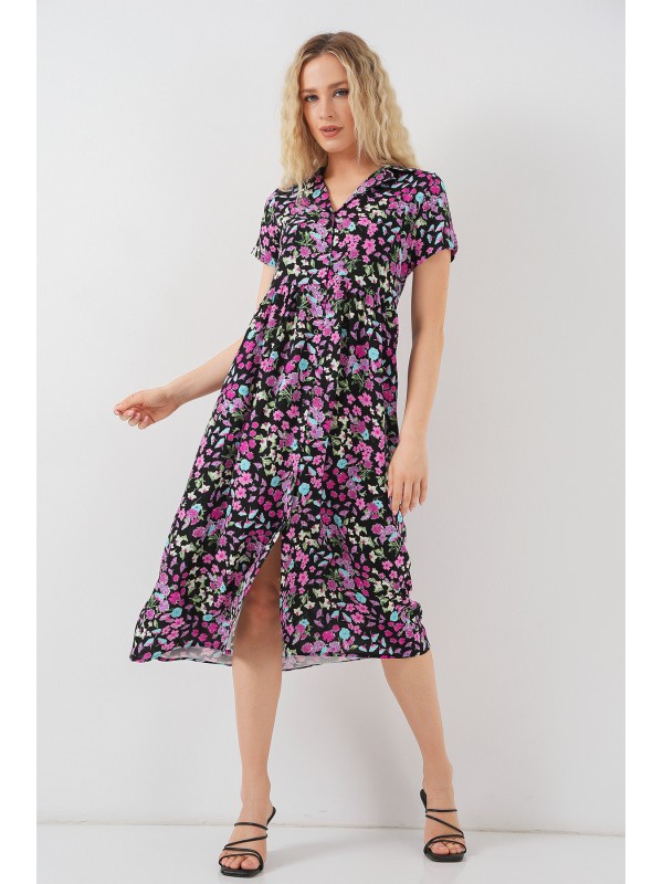 Kadın Boydan Düğmeli Kısa Kol Çiçekli Elbise 2561 - Siyah