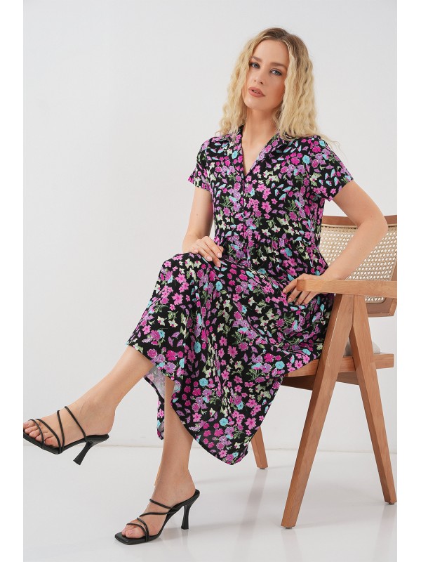 Kadın Boydan Düğmeli Kısa Kol Çiçekli Elbise 2561 - Siyah