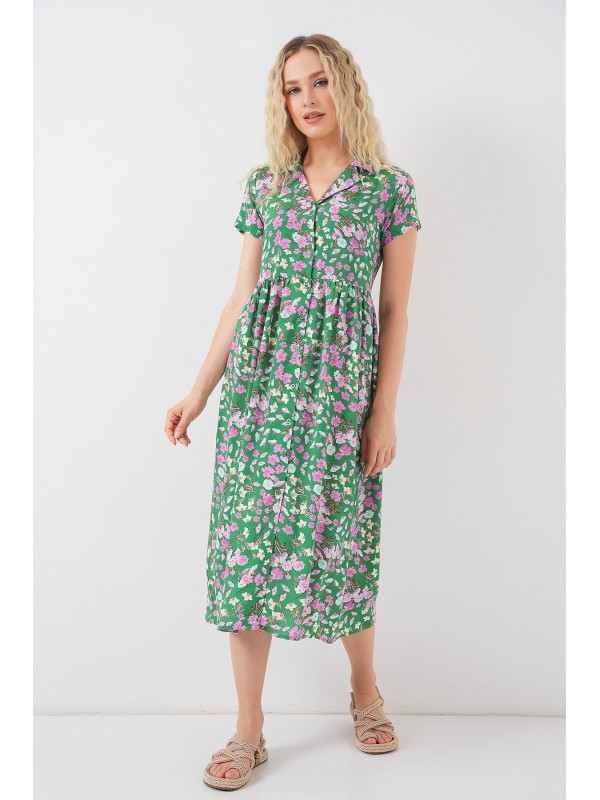 Kadın Boydan Düğmeli Kısa Kol Çiçekli Elbise 2561 - Yeşil
