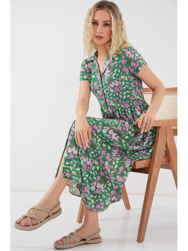 Kadın Boydan Düğmeli Kısa Kol Çiçekli Elbise 2561 - Yeşil