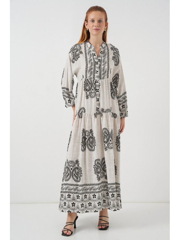 Kadın Desenli Uzun Tesettür Elbise 2585 - Taş