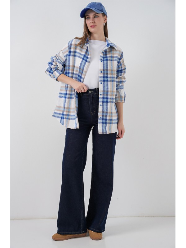 Kadın Ekose Desen Oversize Oduncu Gömlek 3854 A.Ekru