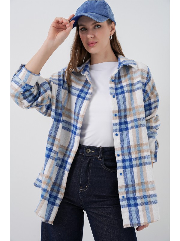 Kadın Ekose Desen Oversize Oduncu Gömlek 3854 A.Ekru
