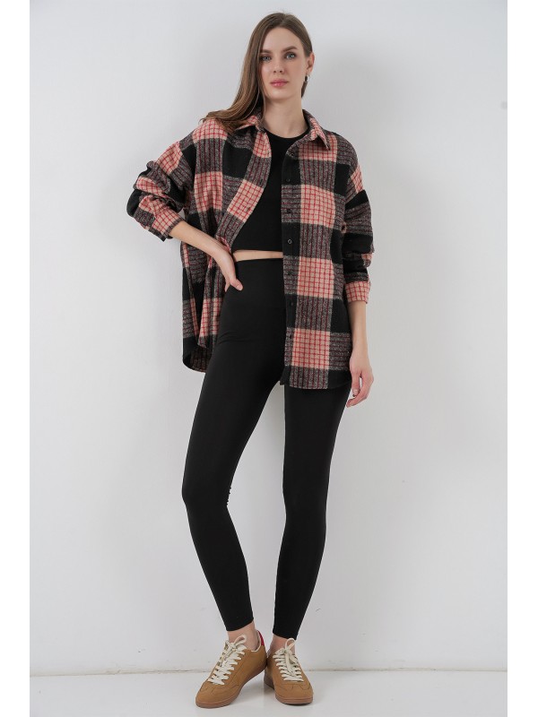 Kadın Ekose Desen Oversize Oduncu Gömlek 3854 A.Pudra