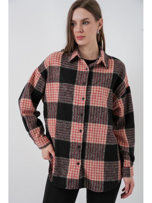Kadın Ekose Desen Oversize Oduncu Gömlek 3854 A.Pudra