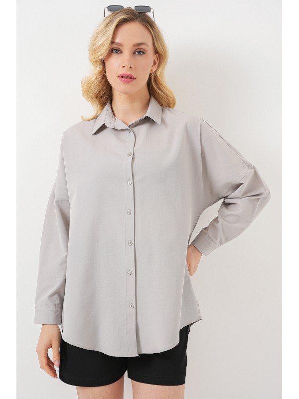 3900 Oversize Uzun Basic Gömlek - A.Gri