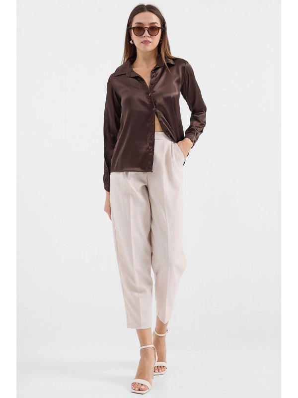 3964 Hafif Dökümlü Saten Gömlek - Kahverengi
