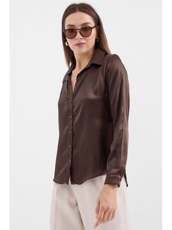 3964 Hafif Dökümlü Saten Gömlek - Kahverengi
