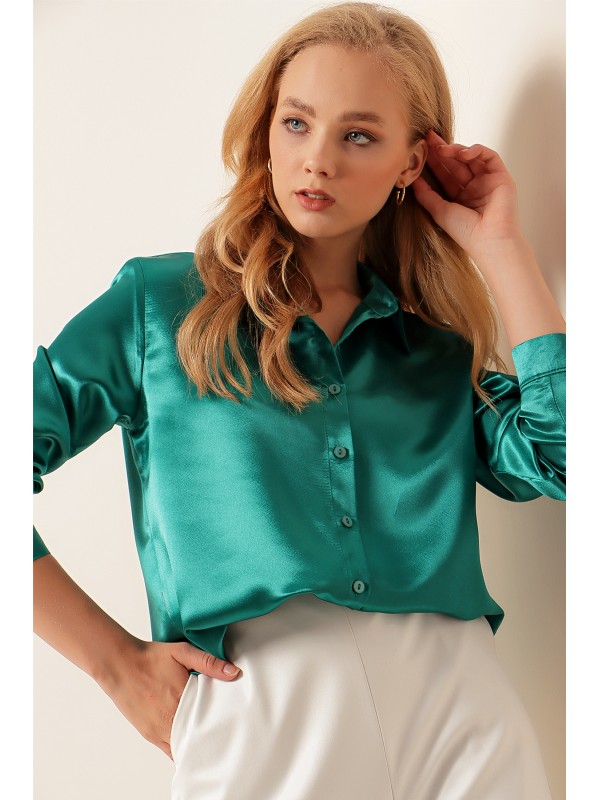 3964 Hafif Dökümlü Saten Gömlek - Koyu Yeşill