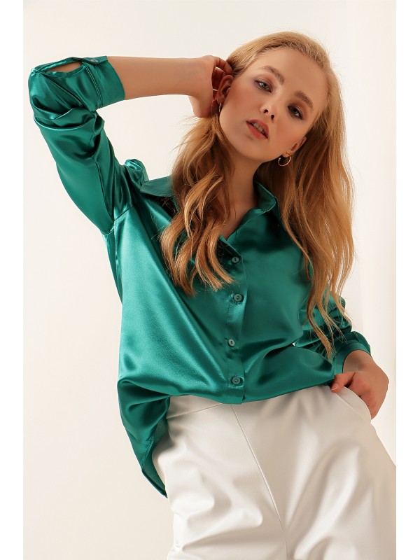 3964 Hafif Dökümlü Saten Gömlek - Koyu Yeşill