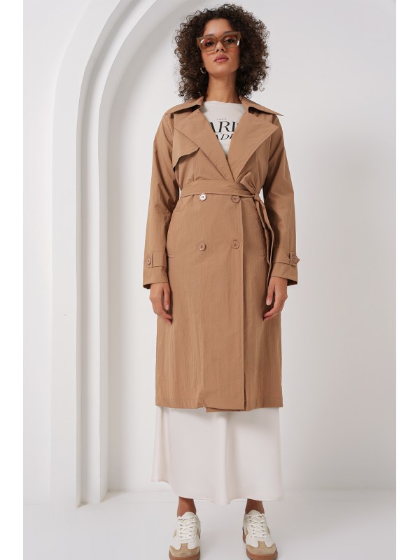5938 Kruvaze Yaka Trençkot - Camel
