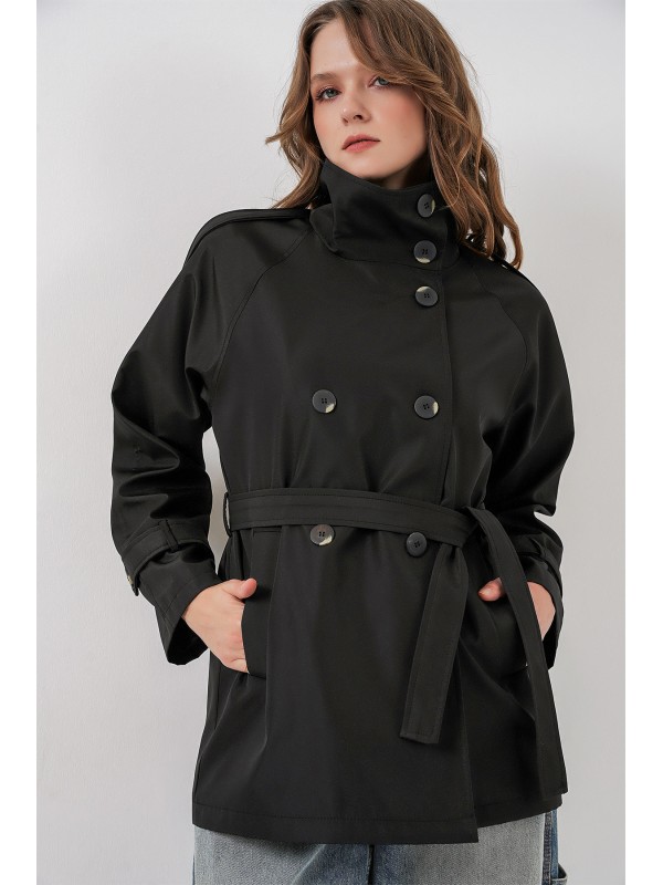 Kadın Kruvaze Yaka Kısa Trençkot 5980 - Siyah