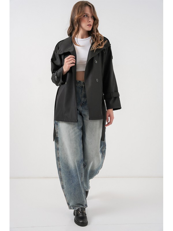 Kadın Kruvaze Yaka Kısa Trençkot 5980 - Siyah