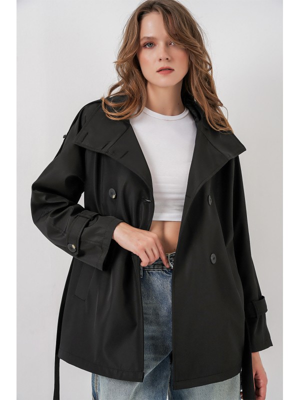 Kadın Kruvaze Yaka Kısa Trençkot 5980 - Siyah