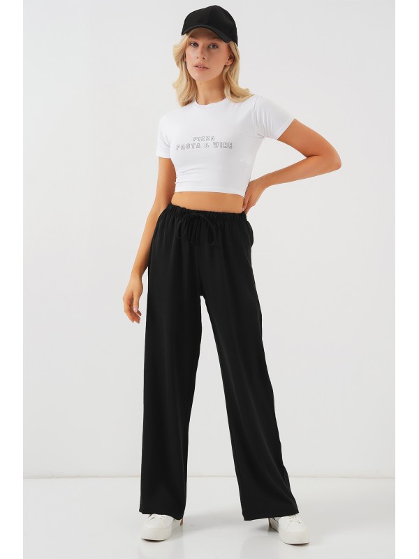 Kadın Yüksek Bel Bol Paça Pantolon - Siyah