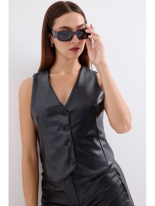 6799 Kısa Suni Deri Yelek - Siyah