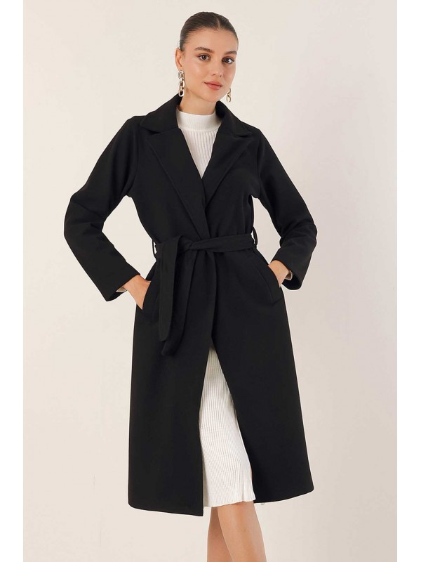 9118 Kruvaze Yaka Kaşe Kaban - Siyah