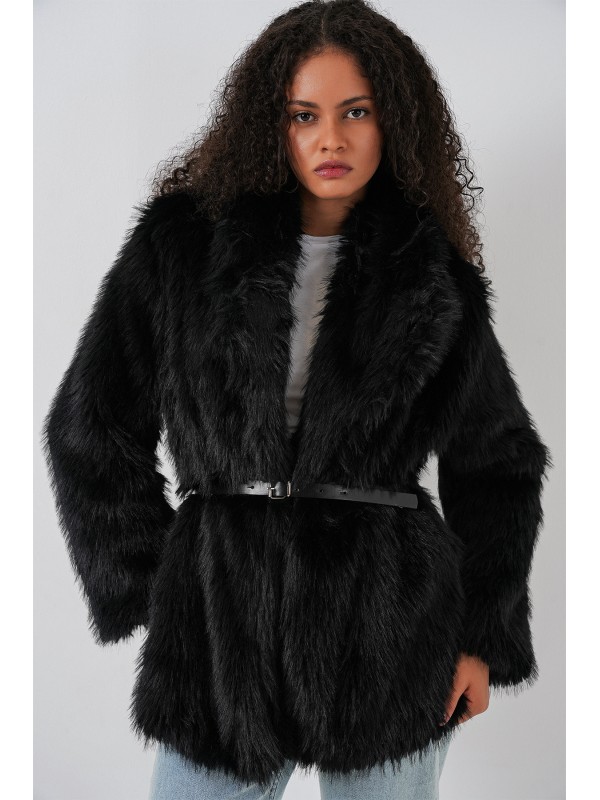 Kadın Kemerli Oversize Kürklü Kaban 9156 - Siyah