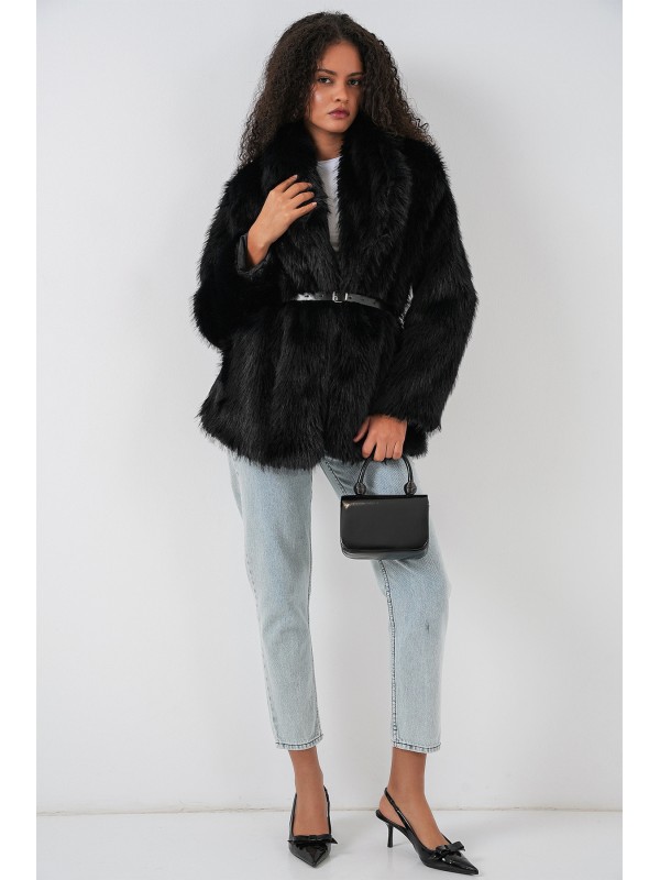 Kadın Kemerli Oversize Kürklü Kaban 9156 - Siyah