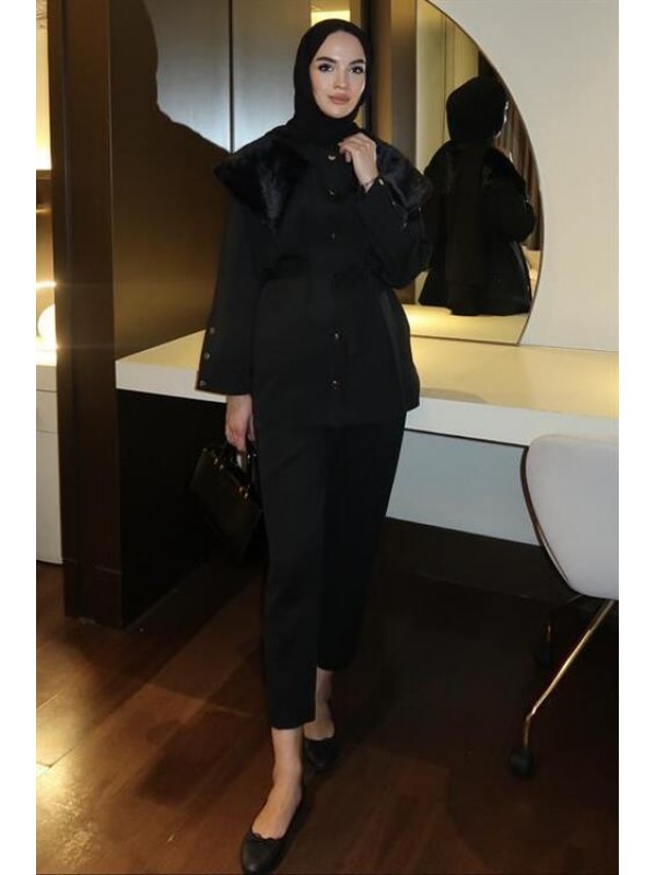 Kürk Yakalı Scuba Takım Siyah