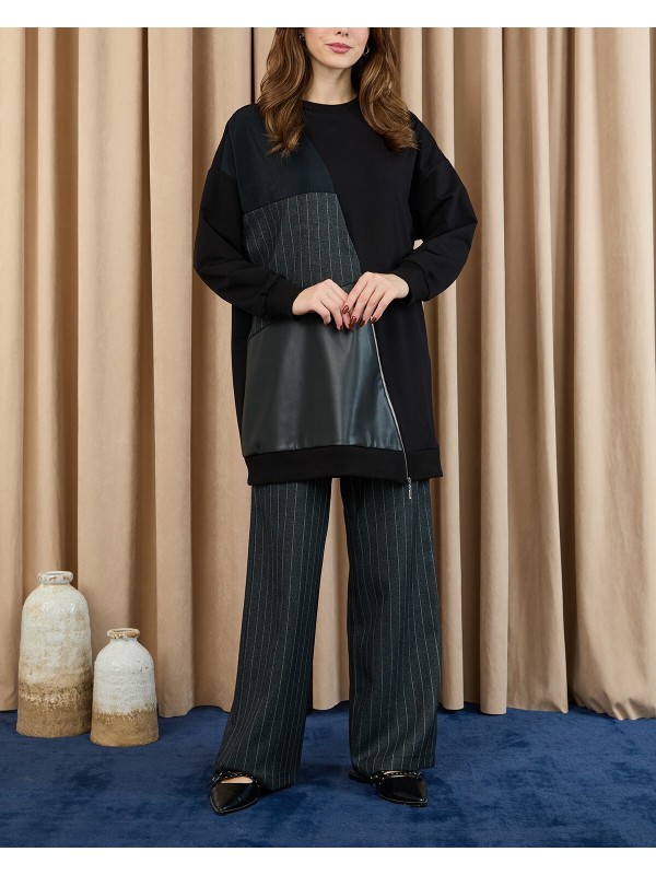 Kadın Deri Garnili Çizgili İkili Takım -14404TKS