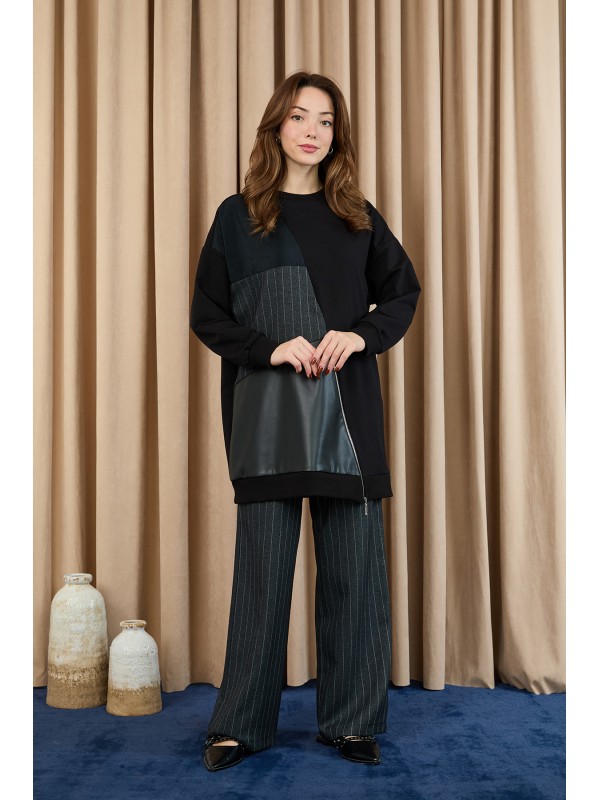 Kadın Deri Garnili Çizgili İkili Takım -14404TKS