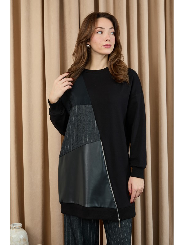 Kadın Deri Garnili Çizgili İkili Takım -14404TKS