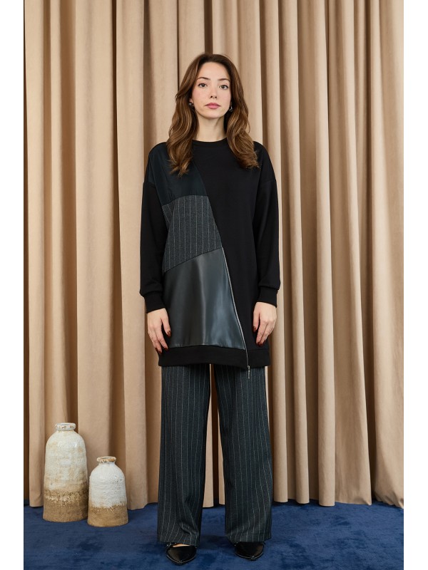 Kadın Deri Garnili Çizgili İkili Takım -14404TKS