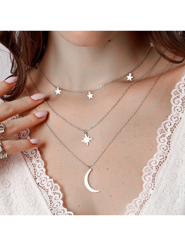 Toptan Gümüş Renk Kutup Yıldızı Ve Hilal Figürlü Çok Katmanlı Kombin Kolye 960