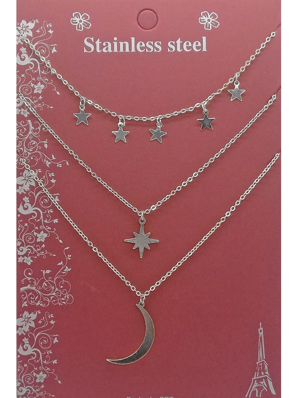 Toptan Gümüş Renk Kutup Yıldızı Ve Hilal Figürlü Çok Katmanlı Kombin Kolye 960